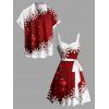 Christmas Sweetheart Neck Snowflake Bell Contrast Print Dress and Roll Up Sleeve Shirt Outfit