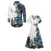 Abstract Print Ombre V Neck Flare Sleeve Dress and Turn Down Collar Button-up Shirt Outfit - multicolor A S | US 4