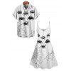 Halloween Spider Web Print V Neck High Waist Spaghetti Strap Dress and Roll Up Sleeve Shirt Outfit - Blanc S | US 4