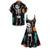 Skeleton Plant Print V Neck High Waist Spaghetti Strap Dress and Roll Up Sleeve Shirt Outfit - Noir S | US 4