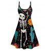 Skeleton Plant Print V Neck High Waist Spaghetti Strap Dress and Roll Up Sleeve Shirt Outfit - Noir S | US 4