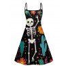 Skeleton Plant Print V Neck High Waist Spaghetti Strap Dress and Roll Up Sleeve Shirt Outfit - Noir S | US 4