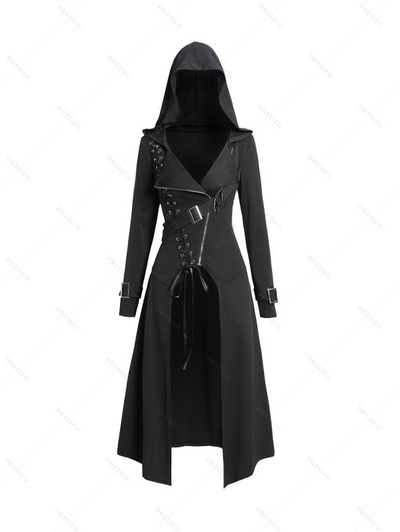 Manteau à Capuche Zippé Gothique en Couleur Unie à Lacets - Noir XXL