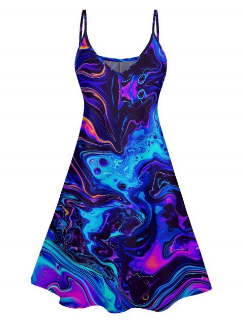 Allover Trippy Art Print V Neck Spaghetti Strap Dress Sleeveless High Waist Summer A Line Cami Dress