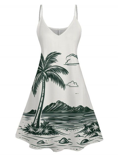 Robe Ligne A à Bretelle Fine Motif de Cocotier à Taille Haute sans Manches