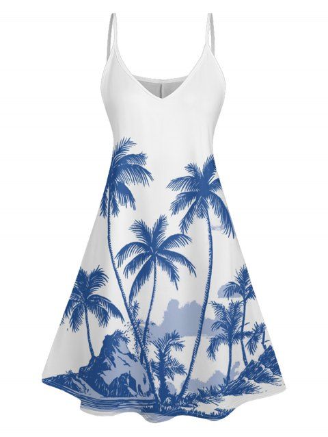 Holiday Coconut Tree Pattern Print V Neck Spaghetti Strap Dress Sleeveless High Waist Summer A Line Cami Dress