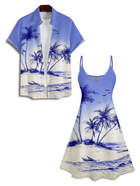 Ombre Coconut Tree Print V Neck High Waist Spaghetti Strap Dress and Roll Up Sleeve Shirt Hawaii Outfit