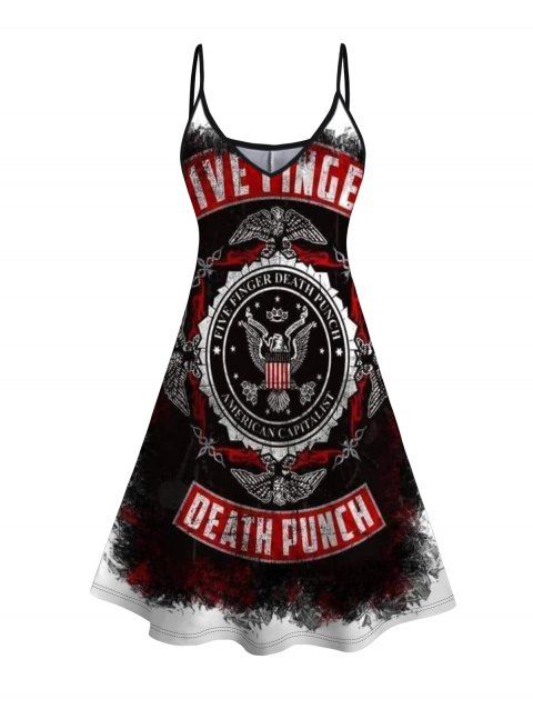 Five Finger Death Punch Print V Neck Spaghetti Strap Dress Sleeveless High Waist Summer A Line Cami Dress