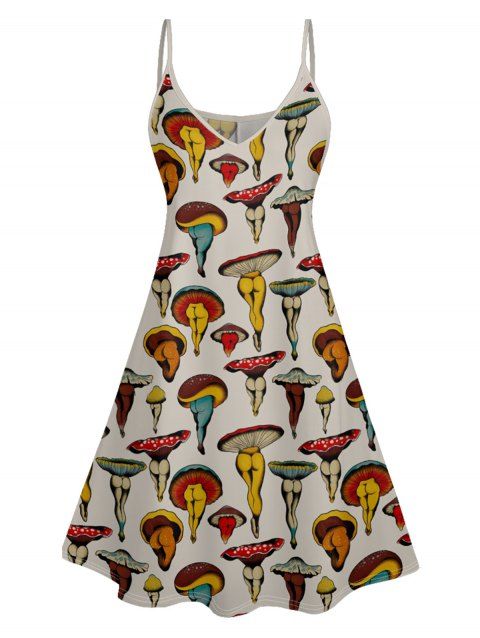 Robe D'été Rétro Imprimé Champignon à Bretelles Spaghetti à Taille Haute