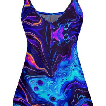 Allover Trippy Art Print V Neck Spaghetti Strap Dress Sleeveless High Waist Summer A Line Cami Dress