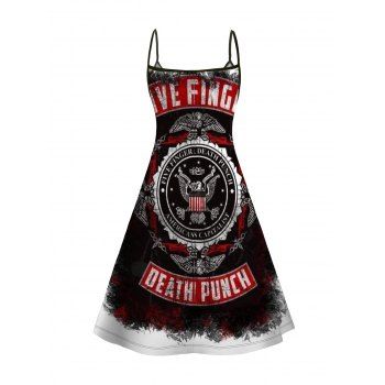 Five Finger Death Punch Print V Neck Spaghetti Strap Dress Sleeveless High Waist Summer A Line Cami Dress 