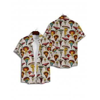 Retro Mushroom Art Nouveau Print V Neck Spaghetti Strap Dress and Roll Up Sleeve Shirt Outfit