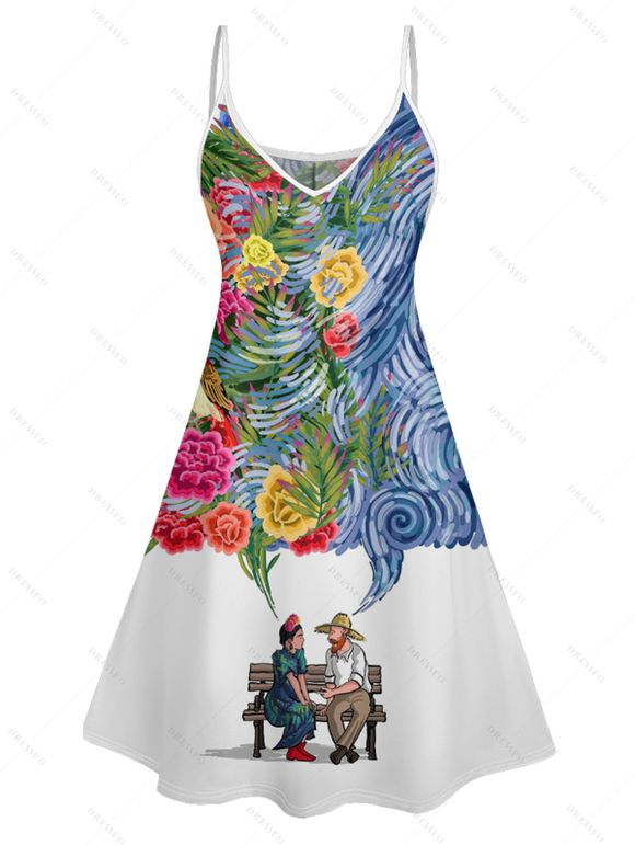 Robe D'Eté Rétro Ligne A à Bretelle Fine Fleurie Imprimée sans Manches à Col V - multicolor A S | US 4