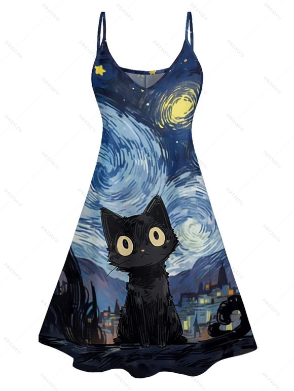 Robe D'Eté Rétro Ligne A Chat Galaxie Imprimés à Taille Haute sans Manches à Bretelle Fine - Bleu profond L | US 8-10