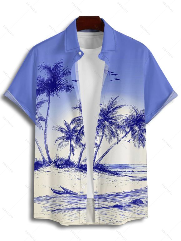 Chemise Décontractée Boutonnée Cocotier Ombrée Imprimé à Manches Courtes - Bleu XL