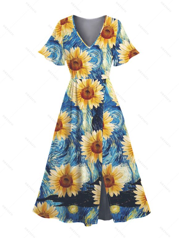 Robe D'Eté Tournesol et Peinture à L'Huile Imprimés Manches Evasées à Col V - Bleu L | US 8-10