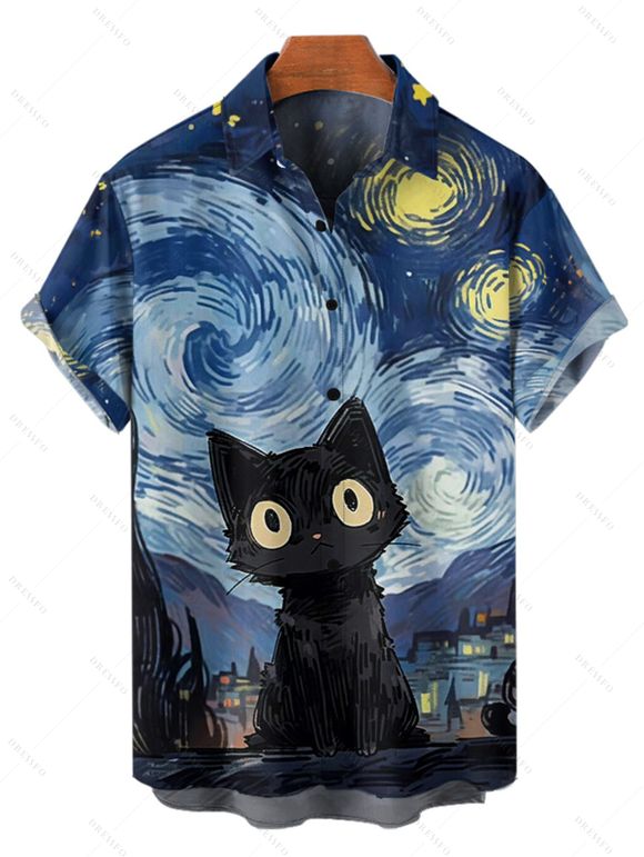 Chemise Vintage Décontractée Boutonnée Chat Galaxie Imprimés à Manches Courtes - Bleu profond 5XL