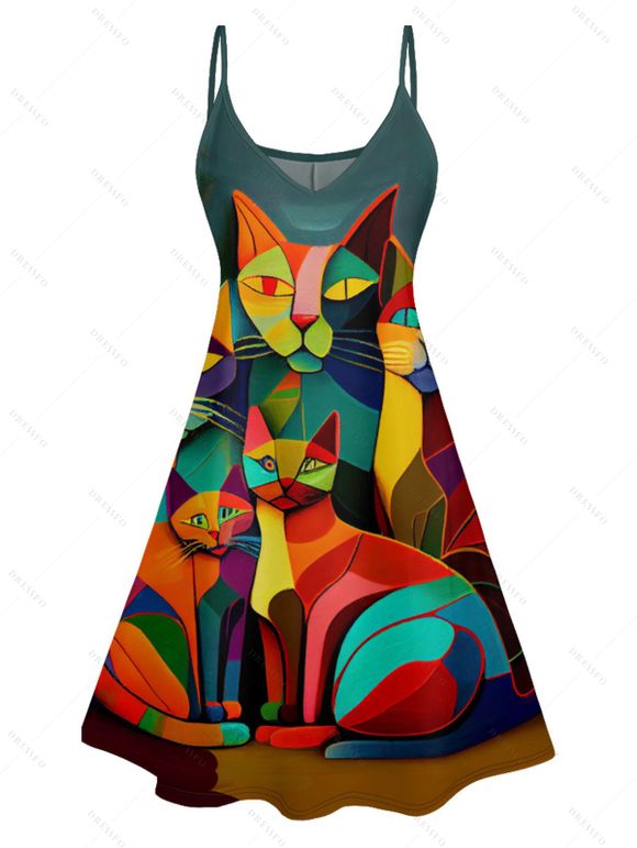 Robe D'été Trapèze à Col en V à Bretelles Spaghetti Imprimé Chat Coloré - multicolor A XXXXXL | US 20