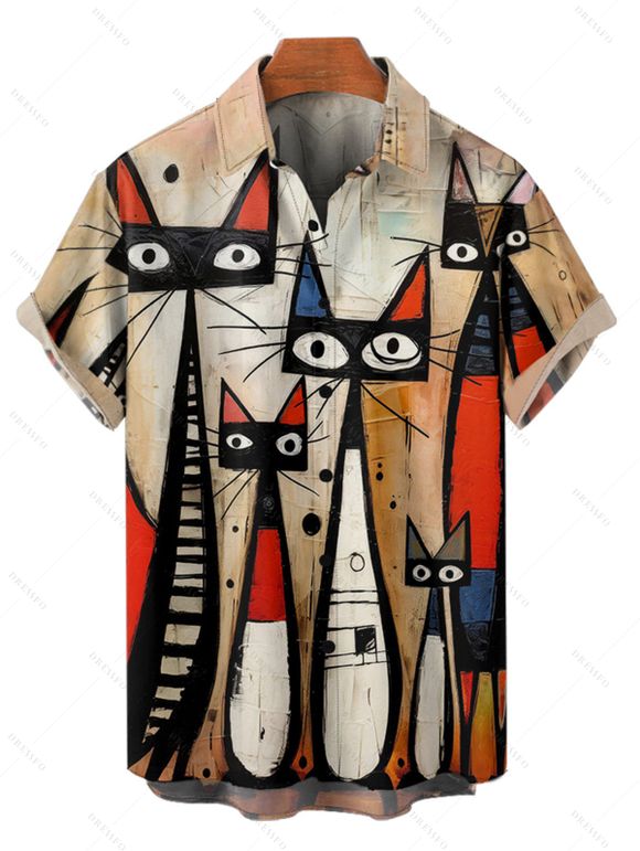 Chemise Décontractée Vintage Chat Imprimé à Manches Courtes - café lumière L