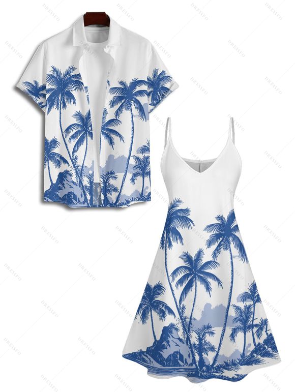 Holiday Coconut Tree Pattern Print V Neck Spaghetti Strap Dress and Roll Up Sleeve Shirt Hawaii Outfit - Bleu Ciel S | US 4