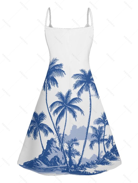 Holiday Coconut Tree Pattern Print V Neck Spaghetti Strap Dress and Roll Up Sleeve Shirt Hawaii Outfit - Bleu Ciel S | US 4
