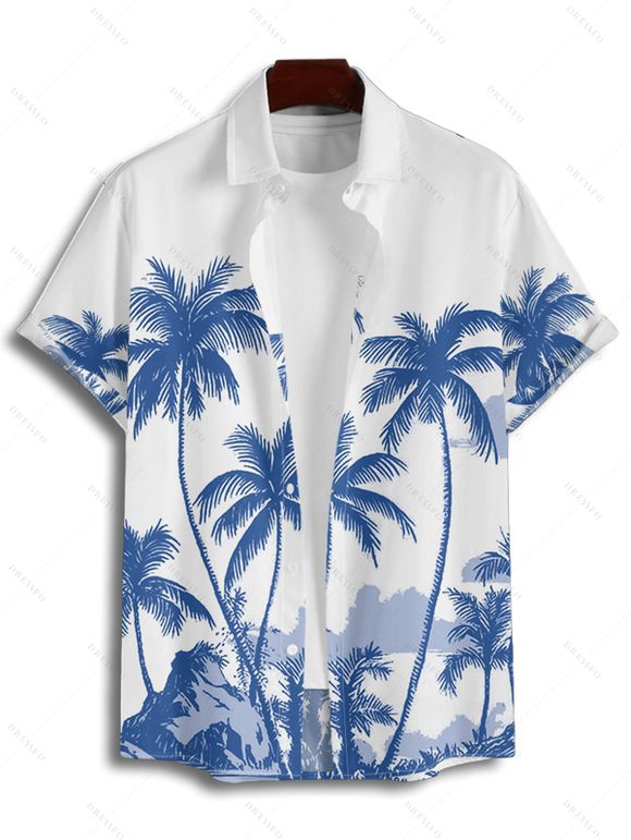 Holiday Coconut Tree Pattern Print V Neck Spaghetti Strap Dress and Roll Up Sleeve Shirt Hawaii Outfit - Bleu Ciel S | US 4