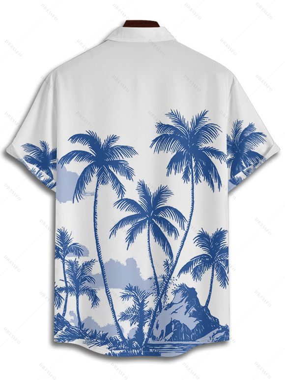 Holiday Coconut Tree Pattern Print V Neck Spaghetti Strap Dress and Roll Up Sleeve Shirt Hawaii Outfit - Bleu Ciel S | US 4