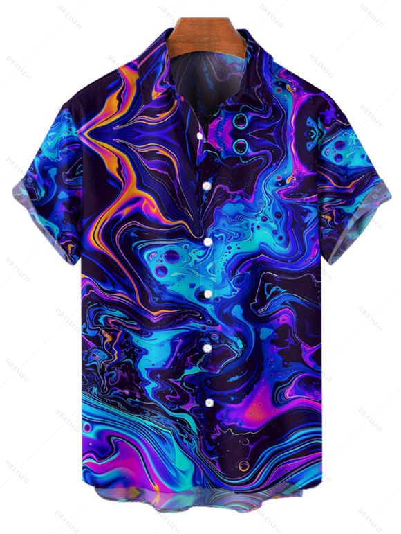 Chemise Décontractée Boutonnée Imprimée à Manches Roulées pour Homme - Bleu 2XL