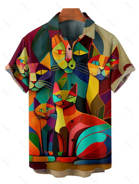 Chemise Décontractée Colorée Chat Imprimé à Manches Courtes - multicolor A 5XL