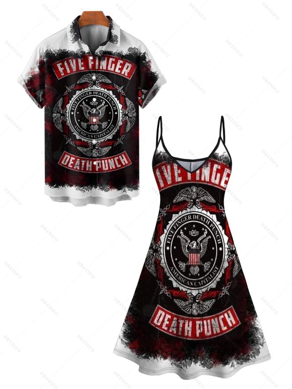 Five Finger Death Punch Print V Neck Spaghetti Strap Dress and Men's Roll Up Sleeve Shirt Outfit - Noir S | US 4