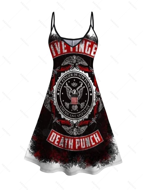 Five Finger Death Punch Print V Neck Spaghetti Strap Dress and Men's Roll Up Sleeve Shirt Outfit - Noir S | US 4