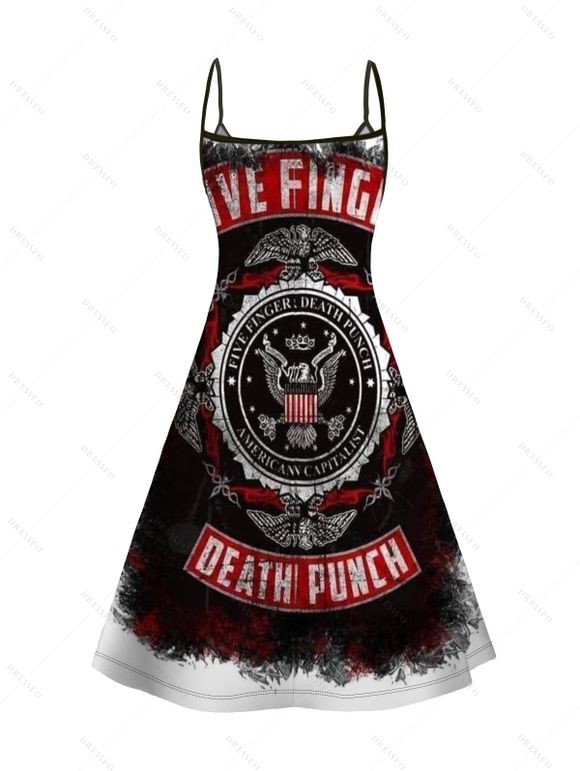 Five Finger Death Punch Print V Neck Spaghetti Strap Dress and Men's Roll Up Sleeve Shirt Outfit - Noir S | US 4