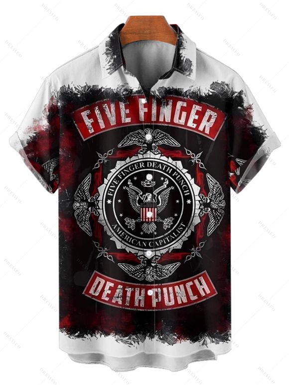 Five Finger Death Punch Print V Neck Spaghetti Strap Dress and Men's Roll Up Sleeve Shirt Outfit - Noir S | US 4