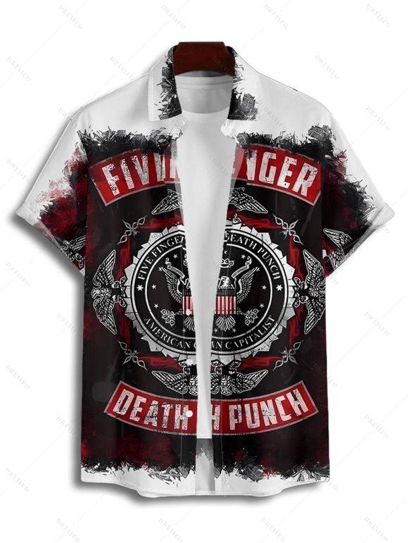 Five Finger Death Punch Print V Neck Spaghetti Strap Dress and Men's Roll Up Sleeve Shirt Outfit - Noir S | US 4