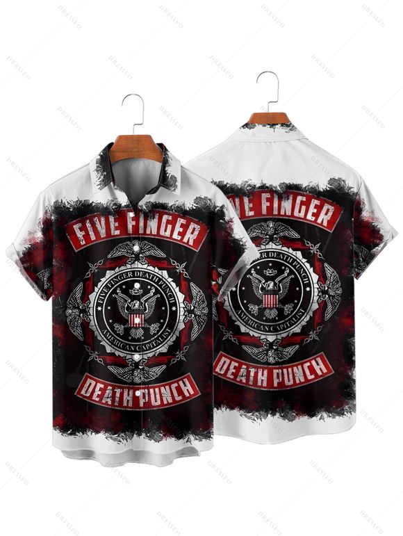 Five Finger Death Punch Print V Neck Spaghetti Strap Dress and Men's Roll Up Sleeve Shirt Outfit - Noir S | US 4