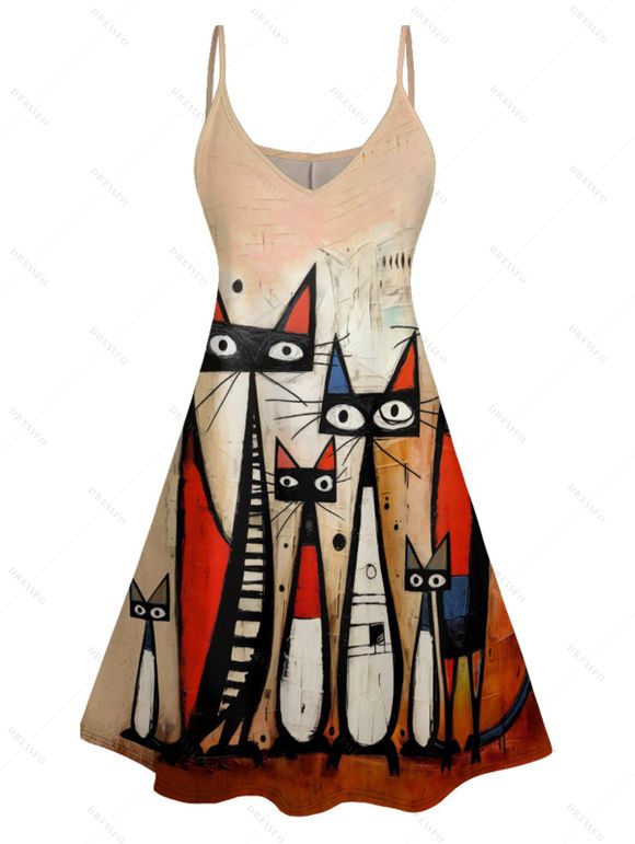 Robe D'été Rétro à Imprimé Chat à Bretelles Spaghetti à Taille Haute - café lumière XL | US 12