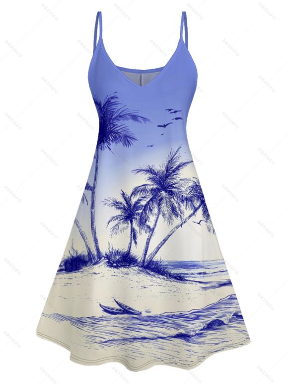 Ombre Coconut Tree Print V Neck High Waist Spaghetti Strap Dress and Roll Up Sleeve Shirt Hawaii Outfit - Bleu S | US 4
