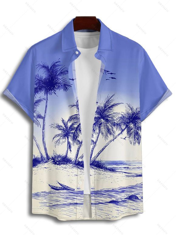 Ombre Coconut Tree Print V Neck High Waist Spaghetti Strap Dress and Roll Up Sleeve Shirt Hawaii Outfit - Bleu S | US 4