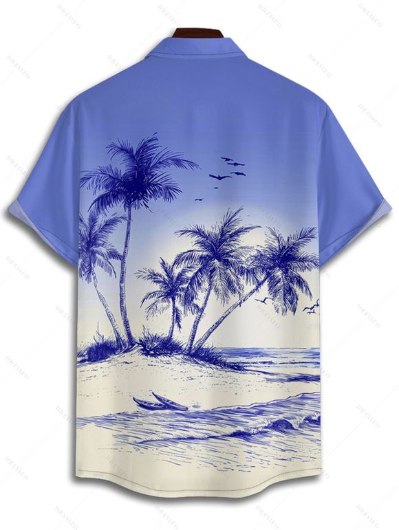 Ombre Coconut Tree Print V Neck High Waist Spaghetti Strap Dress and Roll Up Sleeve Shirt Hawaii Outfit - Bleu S | US 4