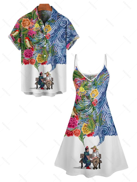 Retro Floral Art Nouveau Print V Neck Spaghetti Strap Dress and Roll Up Sleeve Shirt Outfit - multicolor A S | US 4