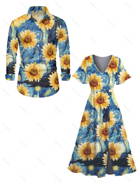 Van Gogh Sunflower Oil Painting Print V Neck Flare Sleeve Dress and Long Sleeve Turn Down Collar Shirt Outfit - Bleu S | US 4