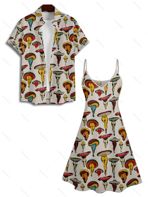 Retro Mushroom Art Nouveau Print V Neck Spaghetti Strap Dress and Roll Up Sleeve Shirt Outfit - Blanc S | US 4