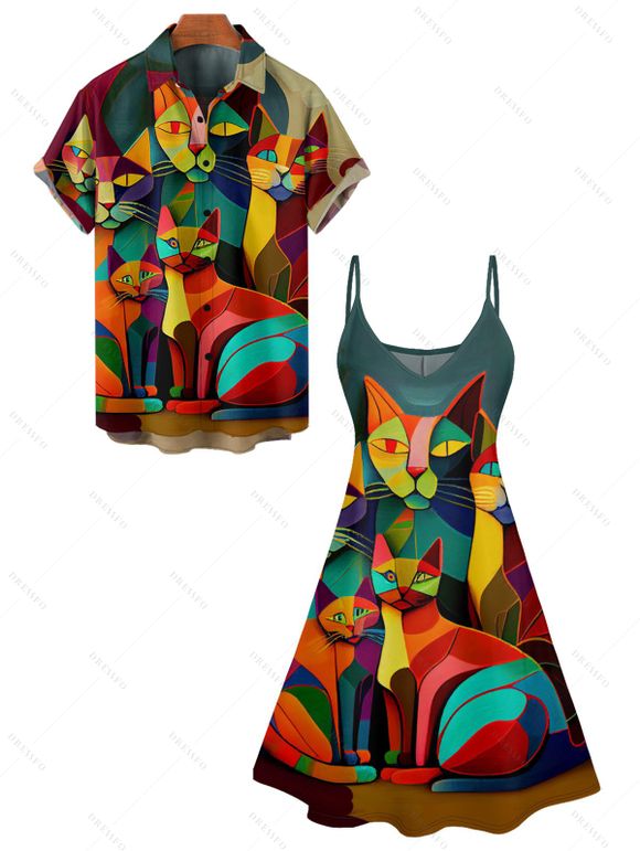 Colorful Cat Art Print V Neck High Waist Spaghetti Strap Dress and Roll Up Sleeve Shirt Outfit - multicolor A S | US 4