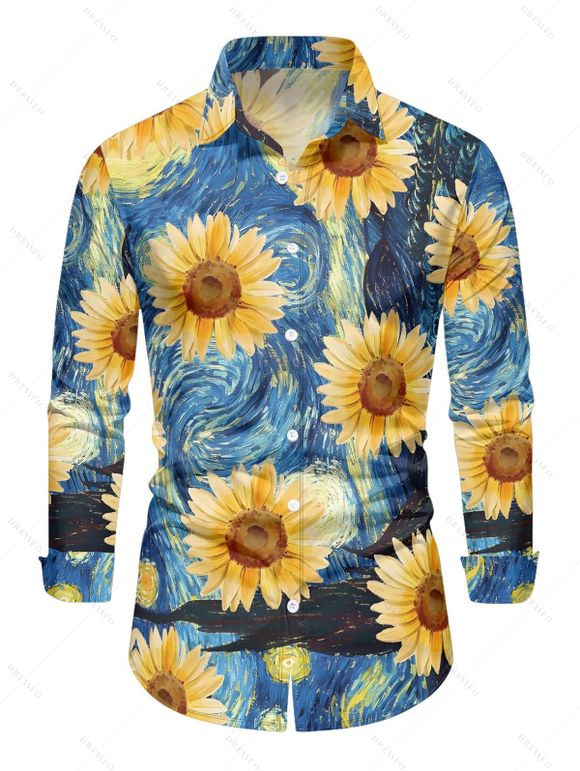 Chemise Décontractée Pluie de Tournesol avec Peinture à L'Huile Boutonnée Manches Longues à Col Relevé - Bleu M