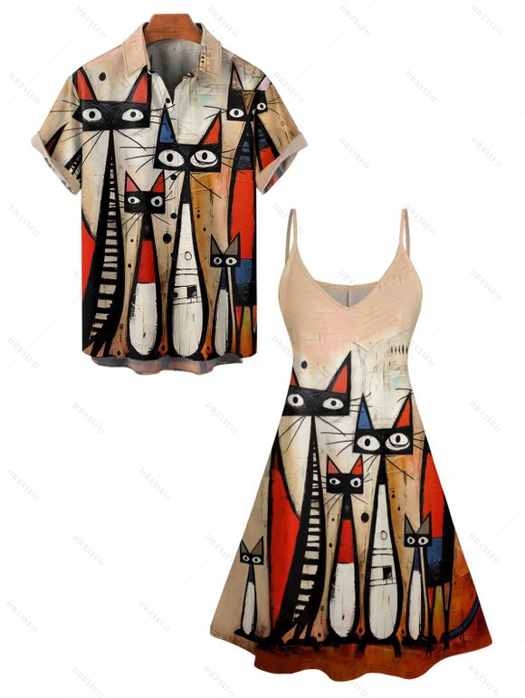 Retro Art Cat Print V Neck Spaghetti Strap Dress and Roll Up Sleeve Shirt Outfit - café lumière S | US 4