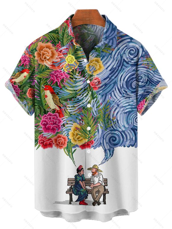 Chemise Décontractée Fleurie Imprimée Boutonnée à Manches Courtes - multicolor A 2XL