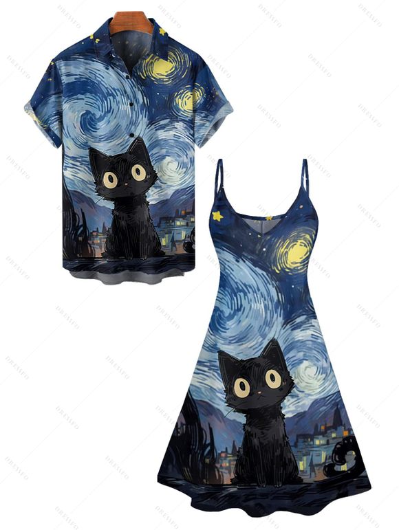 Retro Cat Galaxy Art Print V Neck Spaghetti Strap Dress and Roll Up Sleeve Shirt Outfit - Bleu profond S | US 4