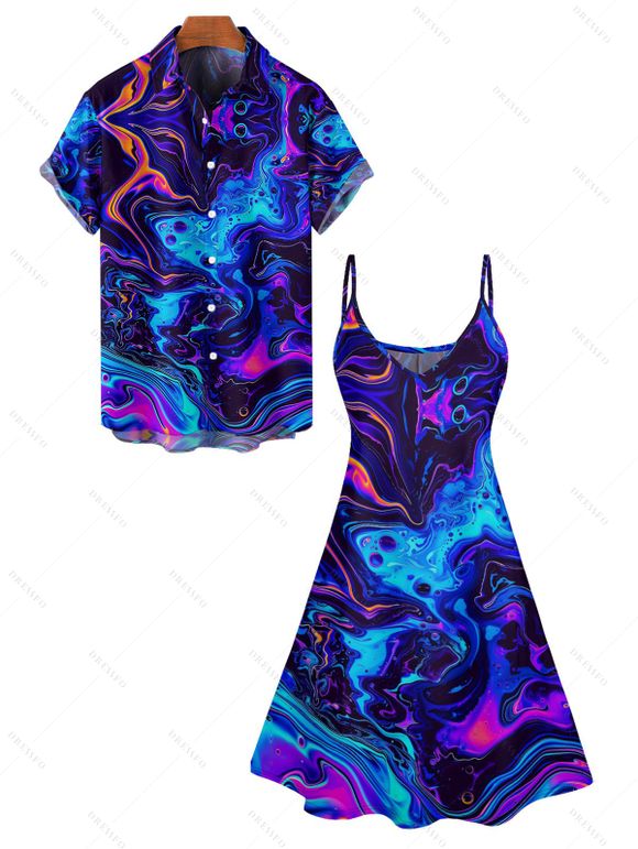 Allover Trippy Art Print V Neck Spaghetti Strap Dress and Roll Up Sleeve Shirt Hawaii Outfit - Bleu S | US 4