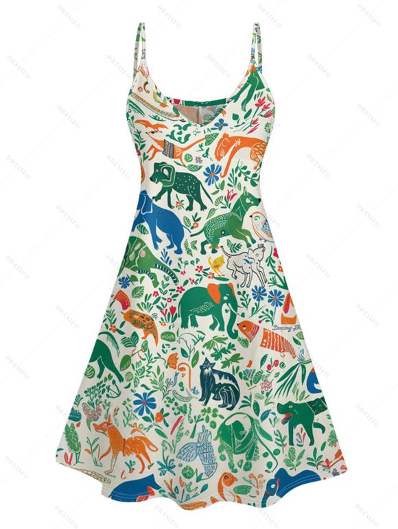 Robe D'Eté Ligne A Dinosaure Animal Imprimé à Bretelle Fine à Taille Haute sans Manches - Vert clair M | US 6
