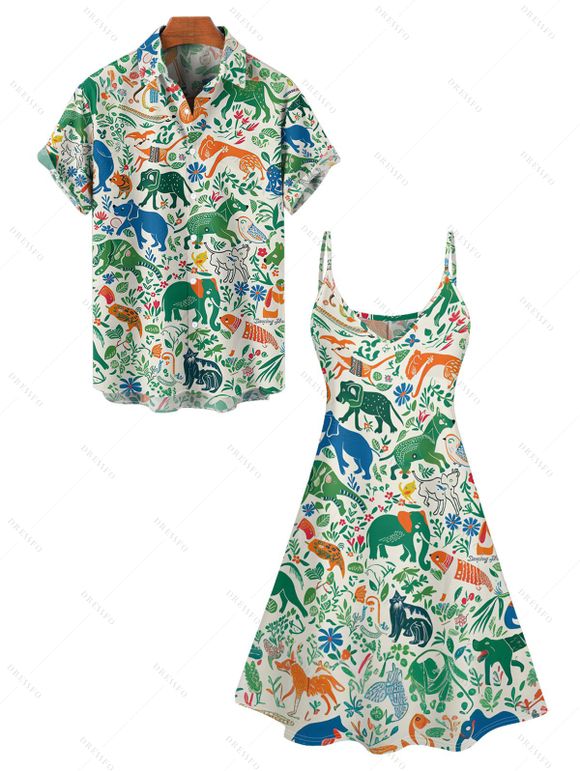 Animal Elephant Dinosaur Print V Neck Spaghetti Strap Dress and Roll Up Sleeve Shirt Hawaii Outfit - Vert clair S | US 4